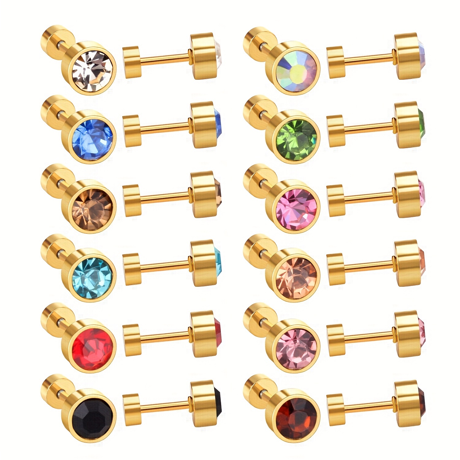 12 Pairs Multicolor Zircon 18K Gold Plated Stud Earrings Set